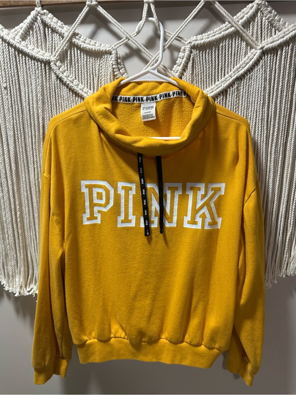 PINK Victoria's Secret Yellow Funnel Neck Pullover with Black Drawstrings